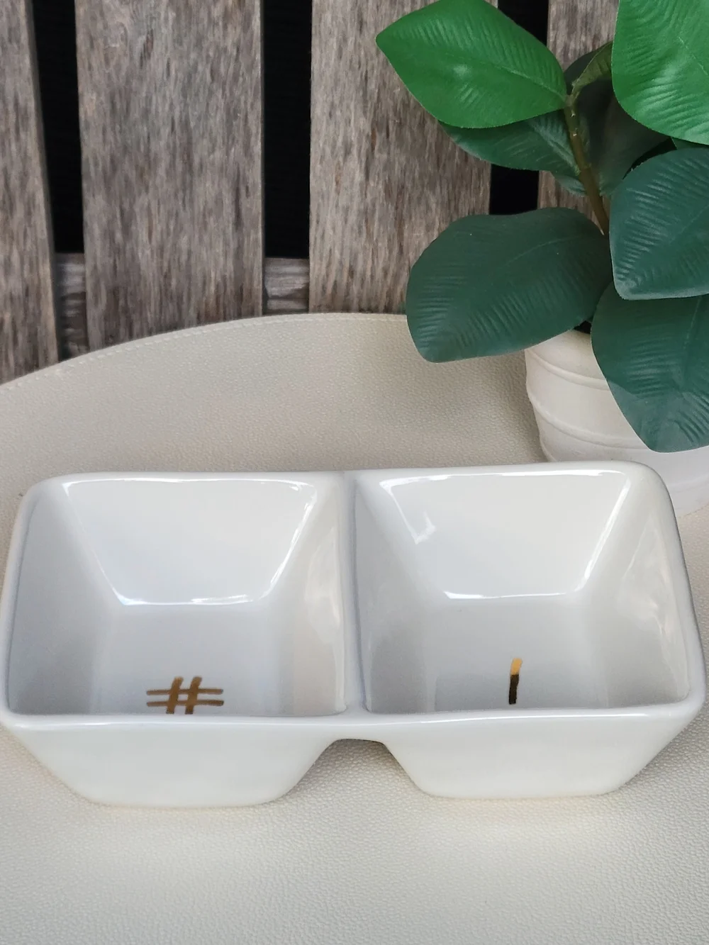 Rae Dunn Hashtag # & Exclamation ! White Double Ceramic Dip Dish Gold Accents